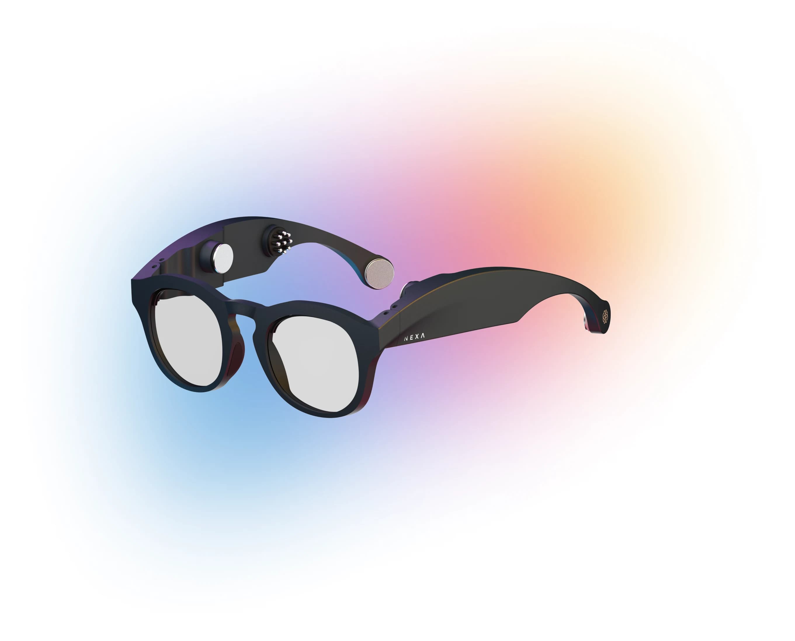 The NEXA EEG Glasses, a matte black frame with sensor modules built into the temples.